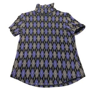 NICOLA 90s VTG Women's Argyle Knit Turtleneck Short Sleeve Top Stretch Purple